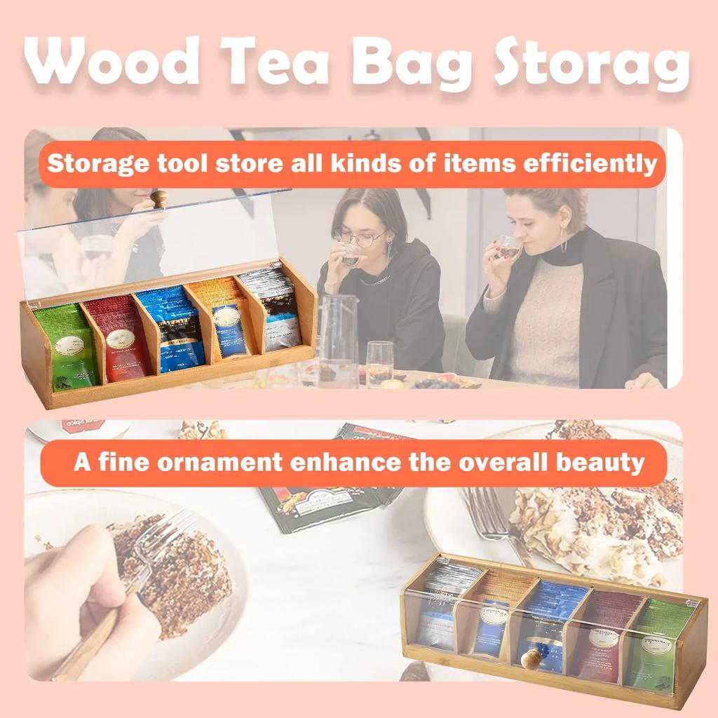 Bamboo Tea Bag Organizer Clear Sorting Tea Storage Box with 5 Compartment Portable Dust Proof Coffee Box for Home and Office