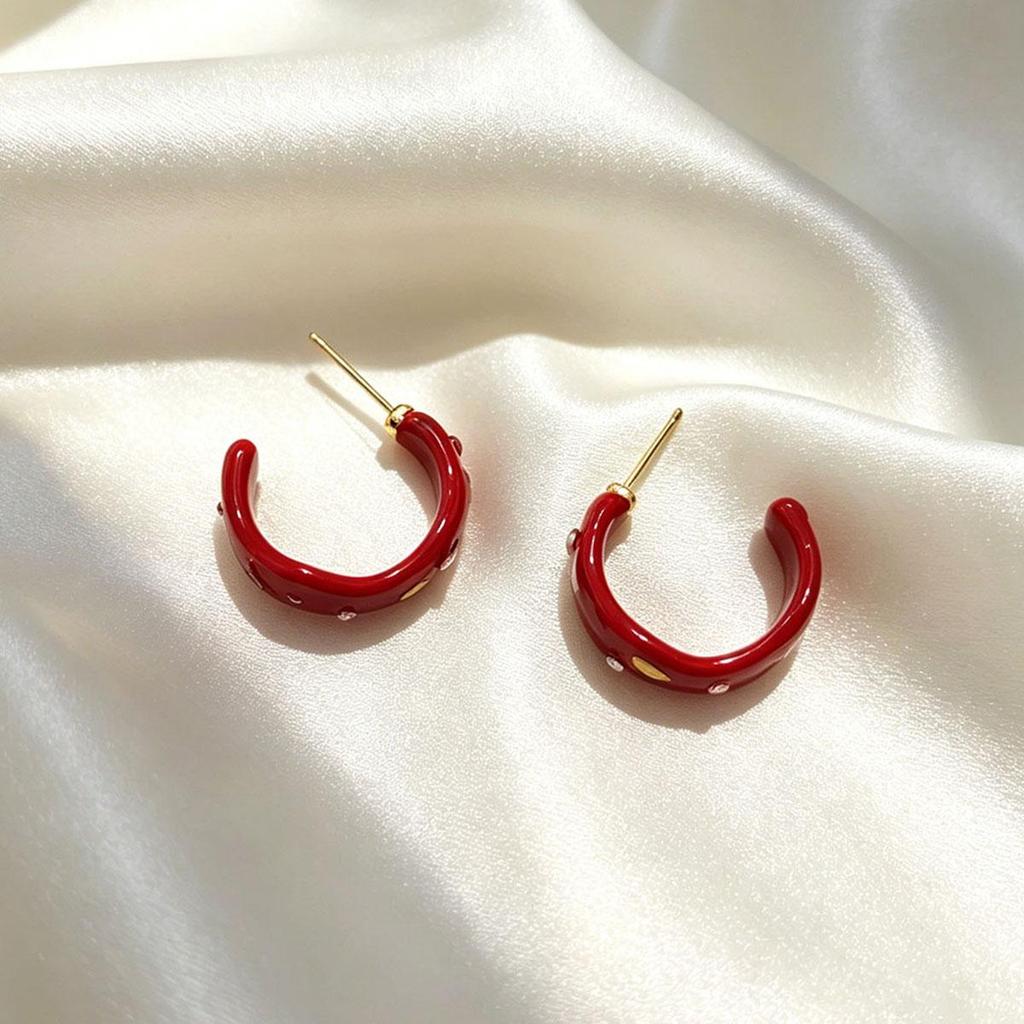 Vintage Red Glaze C-Shape Design Stud Earrings for Women, Gentle Atmosphere Versatile Daily Temperament Ear Hoop, Unique Ear Accessory