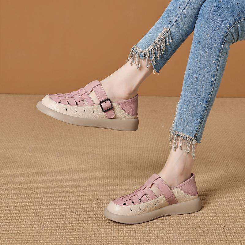 Hollow bag head sandals women's 2025 summer new casual hole shoes soft leather retro woven breathable flat-bottomed soft single shoes