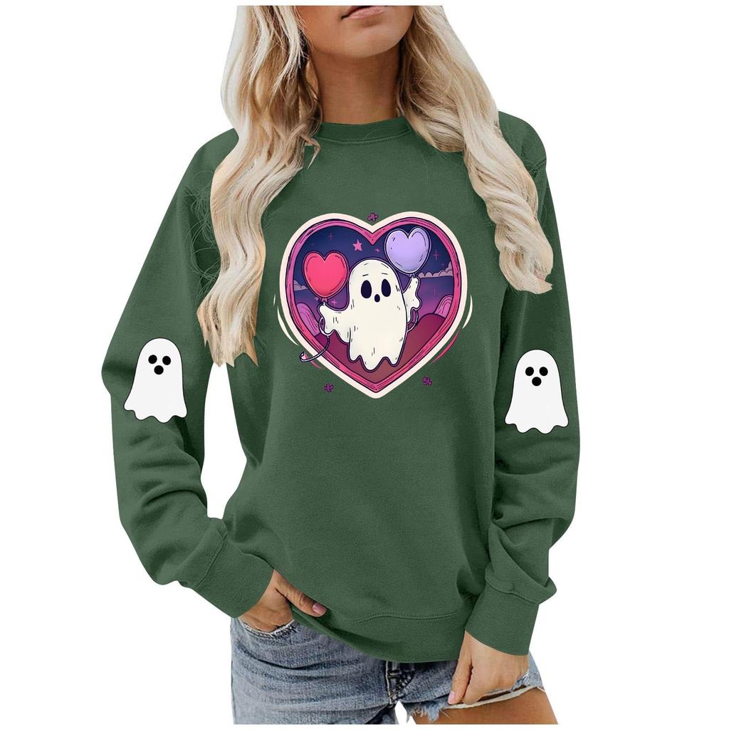 Damen Modisches Lässiges Langarm Halloween Bedrucktes Rundhals-Oberteil
