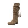 Boots Women's retro fringed woven wasteland knight boots 2025 autumn and winter new thick heel pleated thin boots long tube