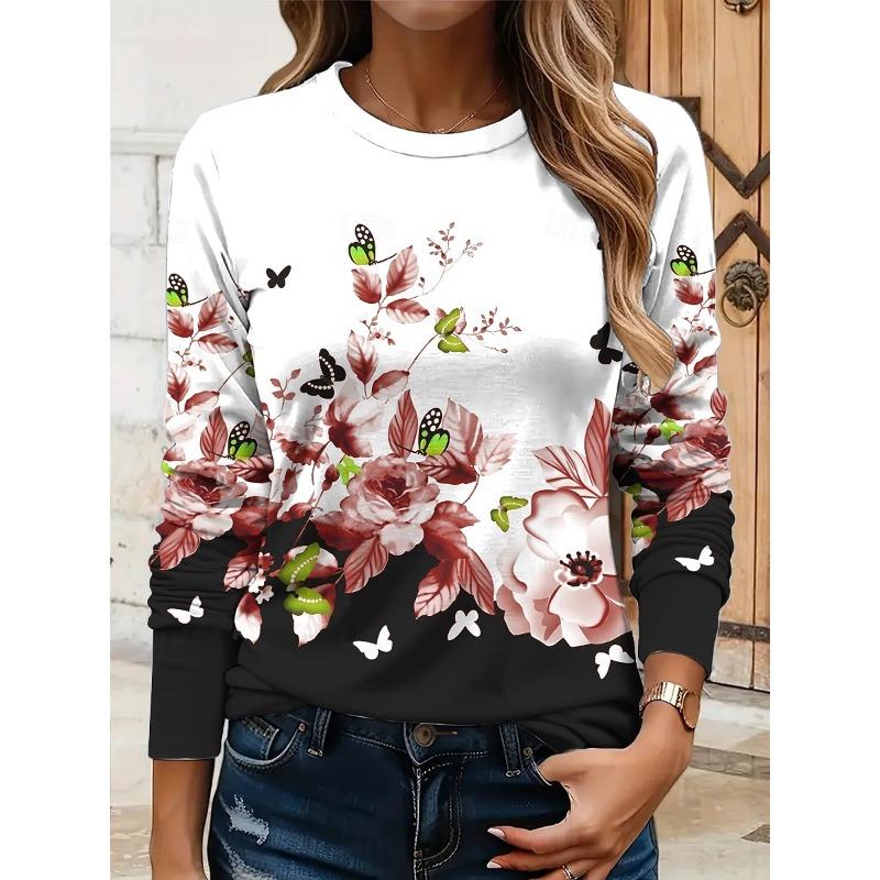 Women's 3D Butterfly Floral Print T-shirt Fashion Long Sleeve Round Neck Regular Tops Holiday Weekend Spring and Autumn