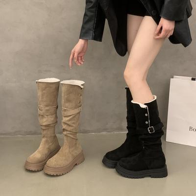 Brown Western Jeans Tube Boots Women's Long Boots High Boots Fleece Warm Autumn and Winter New Knight Boots