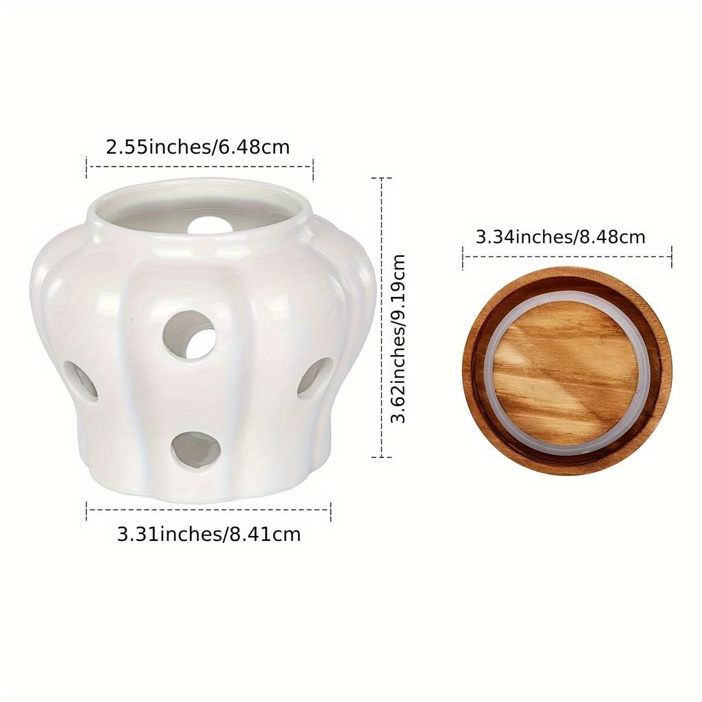 1 szt. Biały ceramiczny słoik do przechowywania czosnku z bambusową pokrywką, wentylowany pusty design, idealny do przechowywania i organizacji czosnku, imbiru w kuchni