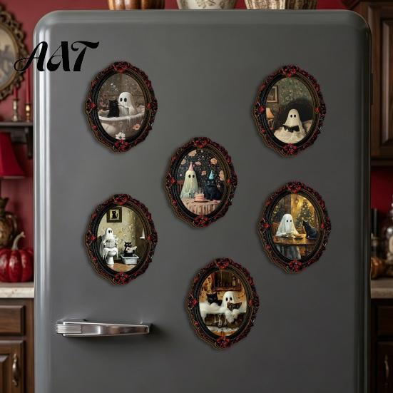 Waterproof Wear Resistant Fridge Decals Halloween Ghost Refrigerator Magnet, Retro Gothic Magnets, Oval Picture Spooky Pumpkin Ornaments Frame