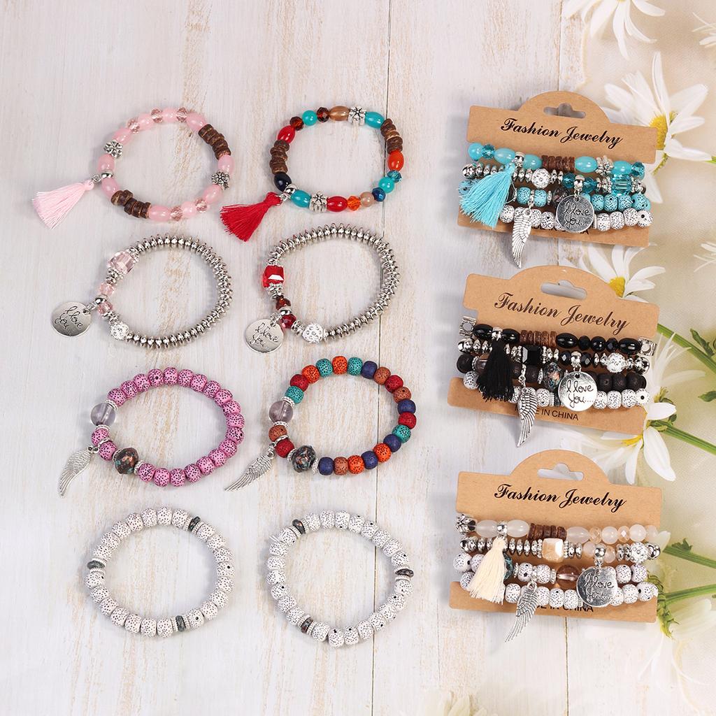 Bohemian Beaded Bracelet Set, Women's Stackable Stretch Bracelets with Tassel & Wing Charm