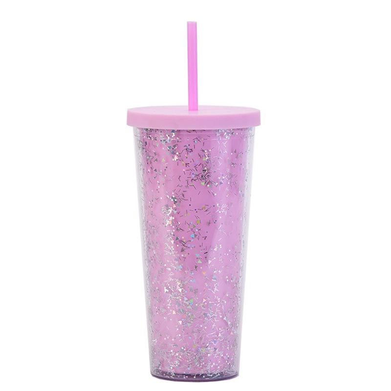 24Oz Double-Layer Plastic Cup Men'S And Women'S Sequined Shallots Glitter Creative Water Cup With Straw