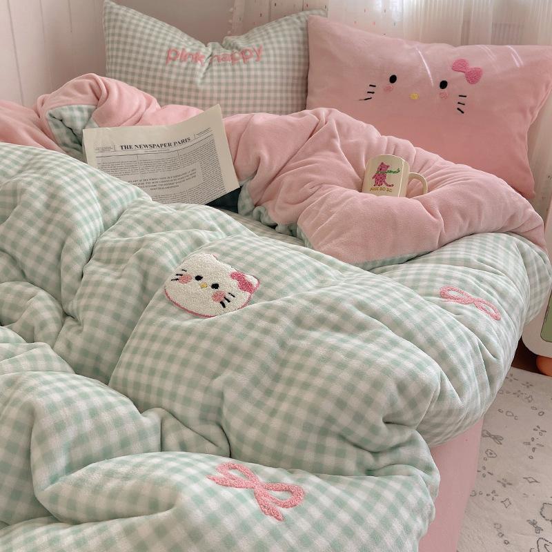 Thickened Milk Fleece Bed Four-Piece Set Fleece Quilt Cover Bed Sheet Coral Flannel Children'S Cartoon Bedding