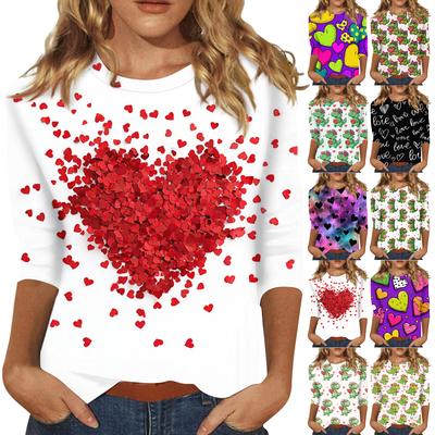Women's Fashionable Casual Three,quarter Sleeve Heart,shaped Printed Round,neck Top