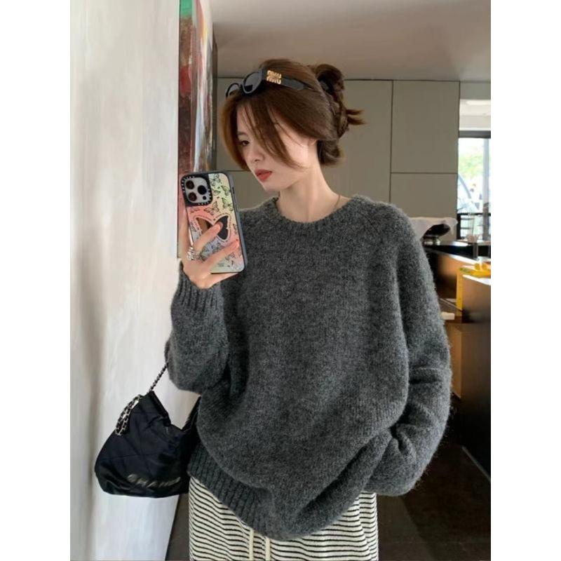 

Euramerican Stylish Gray round-Collar Cashmere Thickened Sweater Gray S