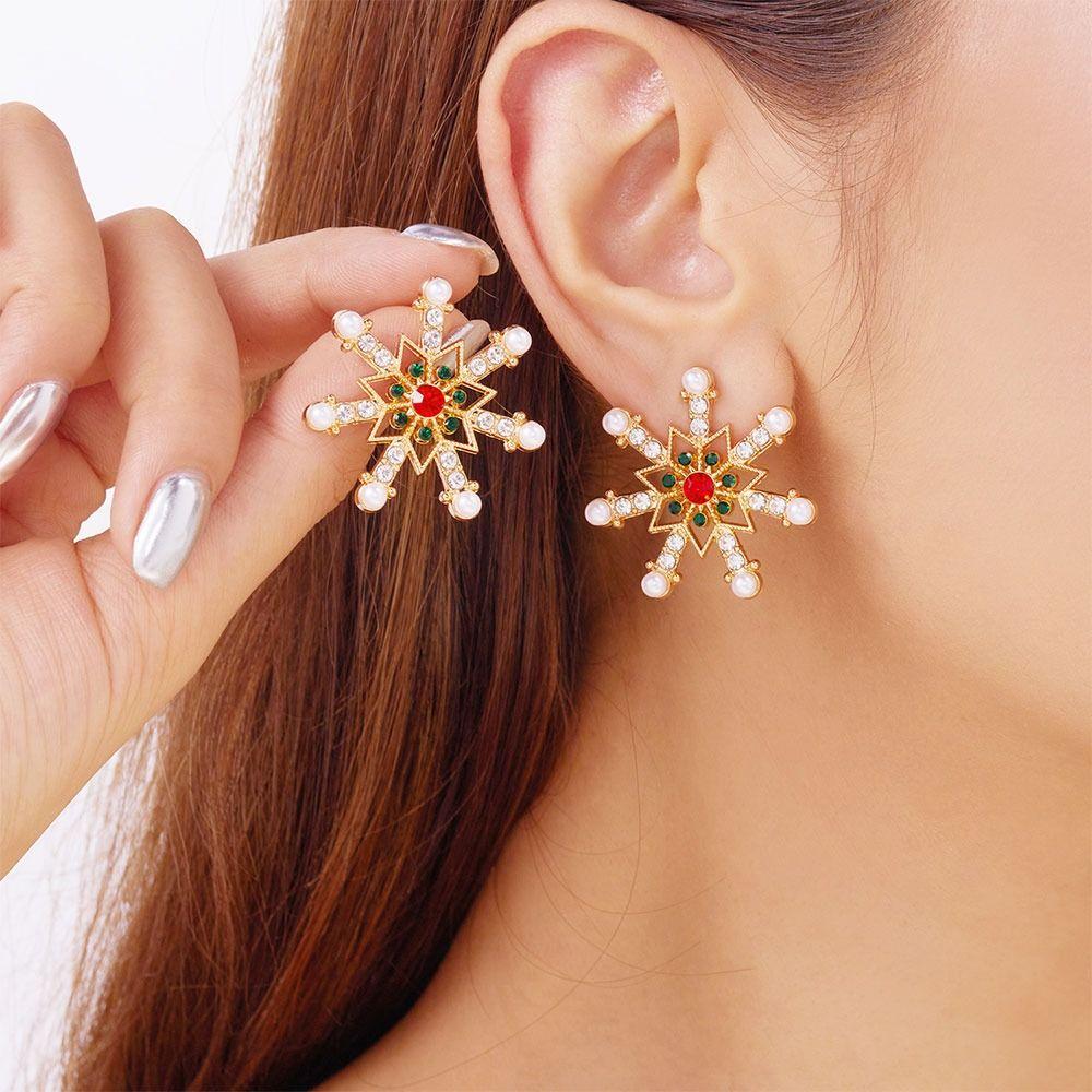 Crystal Zircon Pearl Christmas Stud Earrings Snowflake Long Tassel Earring  Party Accessories