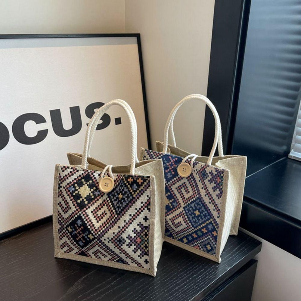 Large Capacity Ethnic Style Canvas Bag Embroidery Printing Cloth Lunch Bag Linen Handbag Children