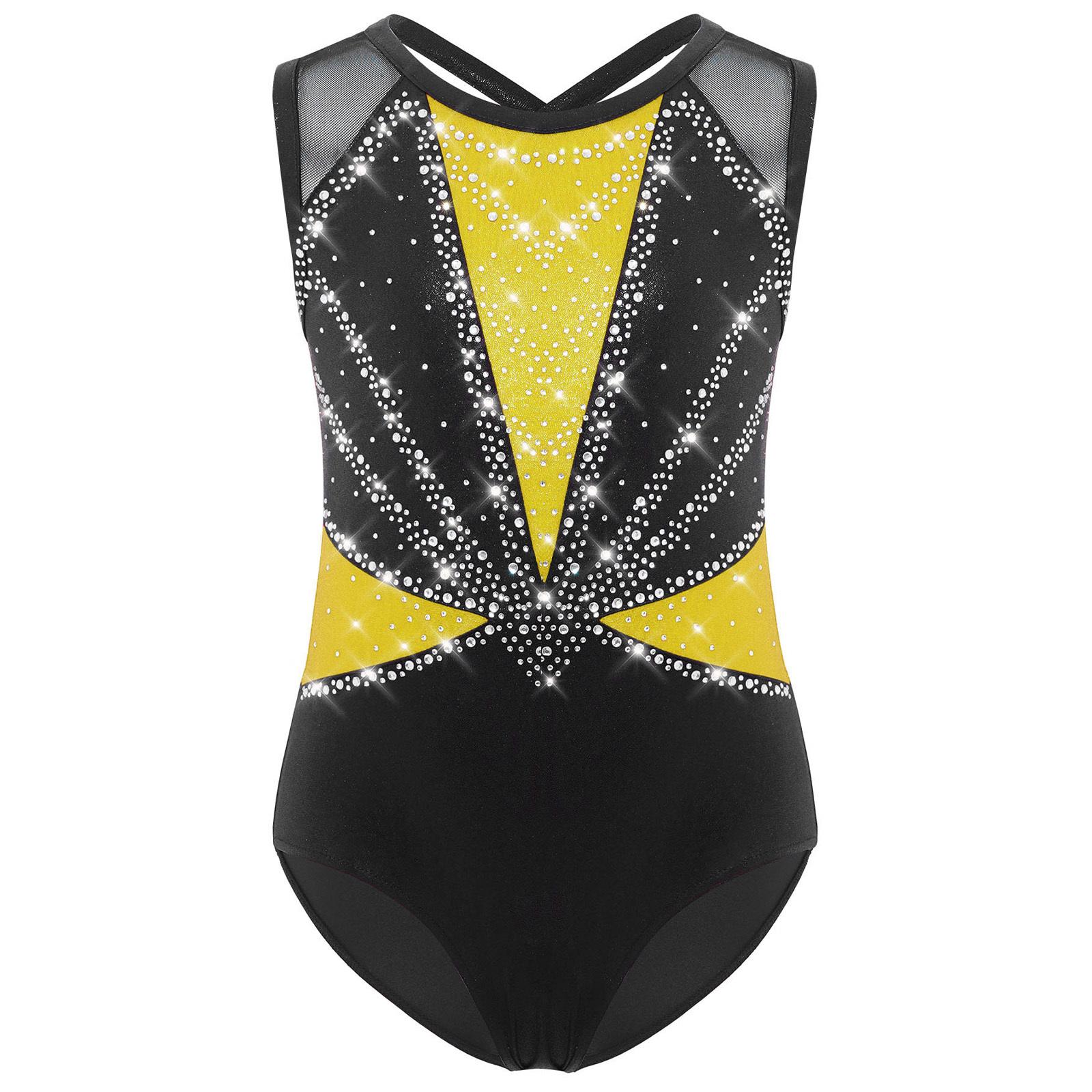 

Дитячий гімнастичний купальник з перехрещеною спинкою, без рукавів, з круглим вирізом, блискучими стразами, металізований танцювальний костюм 11-12 Years жовтий