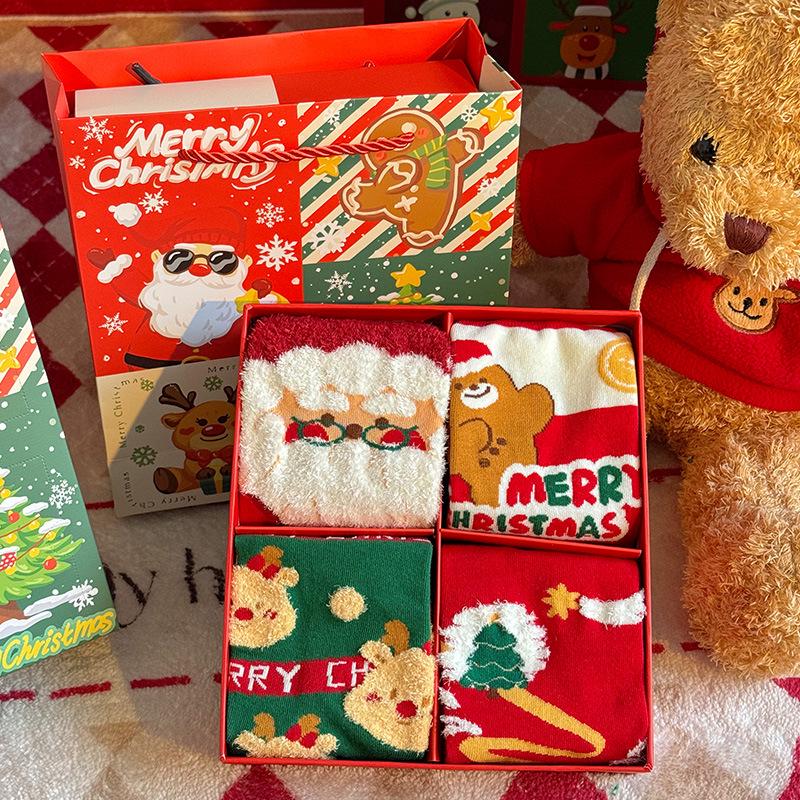 Festive Red Christmas Cartoon Socks Gift Box for Women - Mid-Calf, Cute & Versatile, Autumn/Winter.