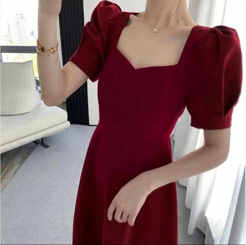 Plus Size Women's Summer Bow Back Dress - Waist-Cinching Slim Puff Sleeves Mid-Length Skirt