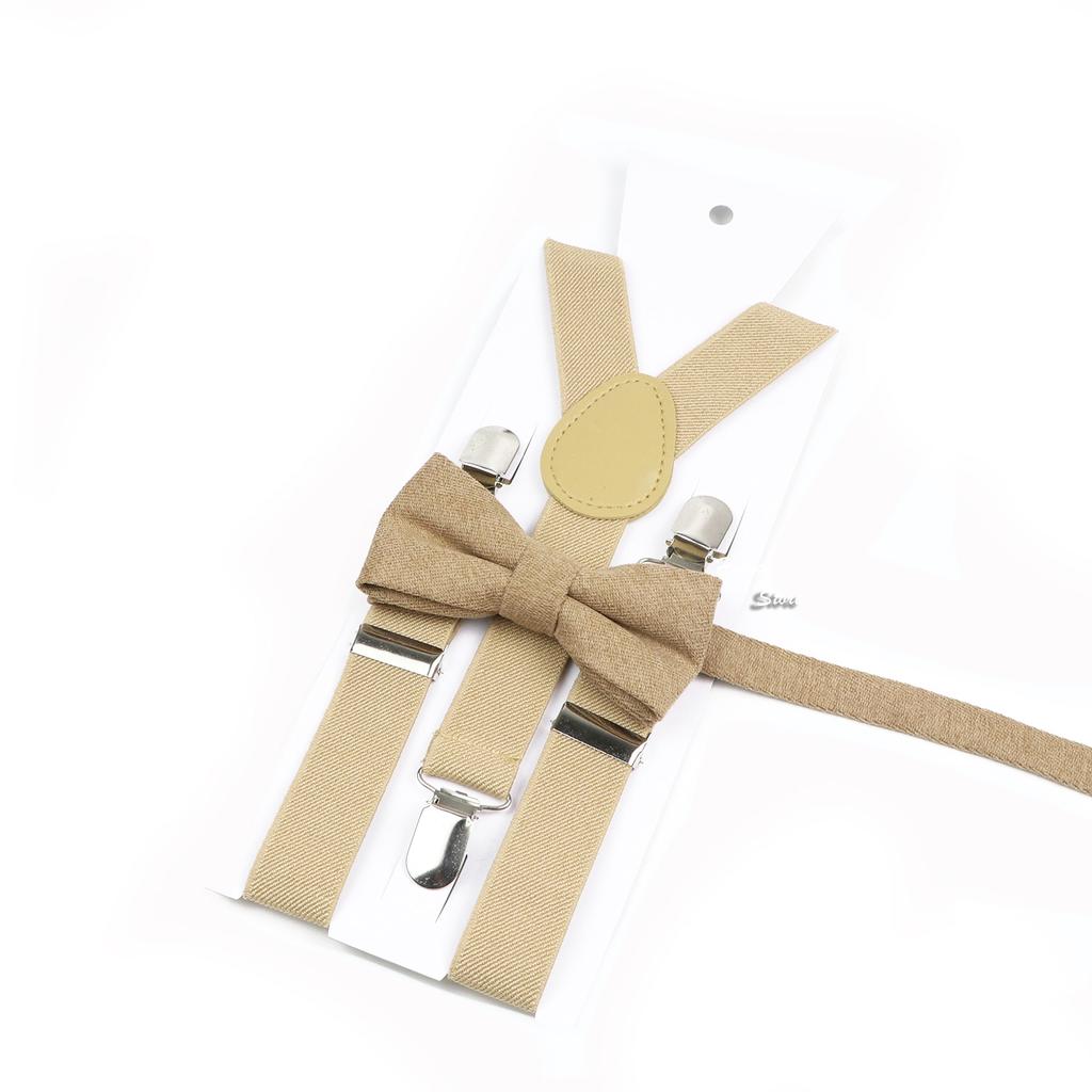 Men Kids Yellow Khaki Brown Suspender Bowtie Set Elastic Adjustable Y-Back Braces Straps Daily Father-Child Braces Accessory