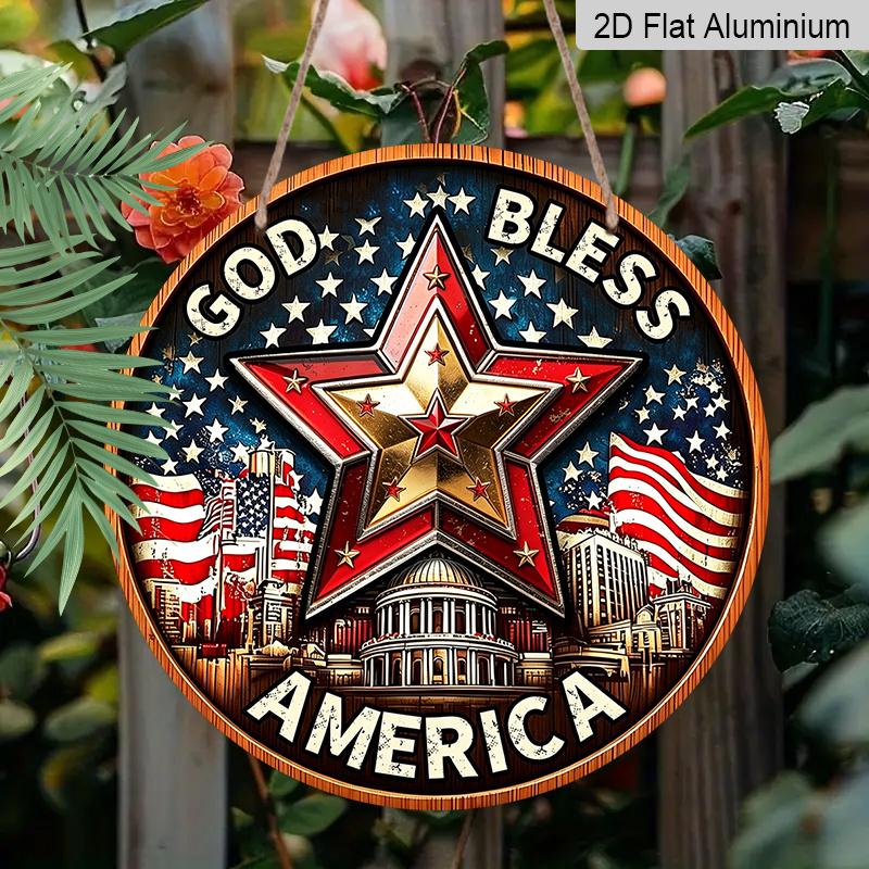 2D Flat Retro Round Aluminum Wall Hanging, Independence Day Five-pointed Star Design, Indoor Outdoor Wall Decor, Home Commemorative Gift