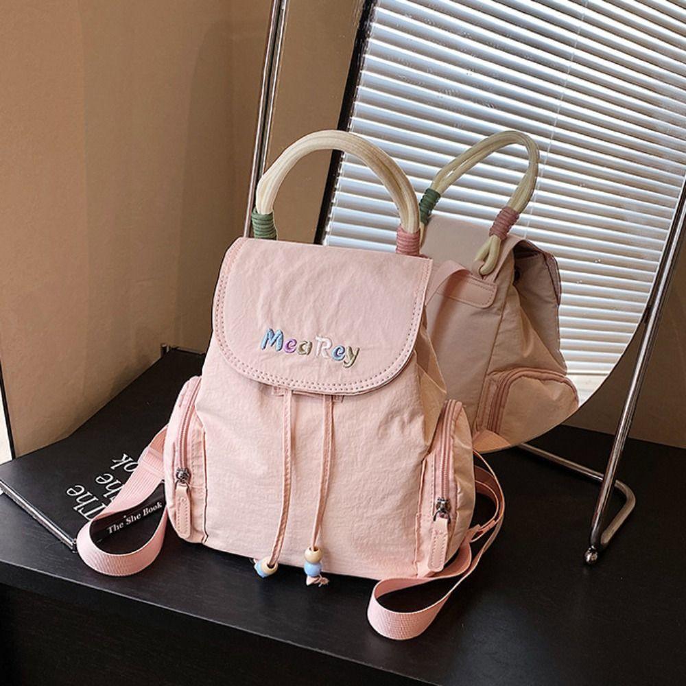 Letter Embroidery Students School Bag Nylon Shoulder Bag Kawaii Drawstring Backpack  Outdoor