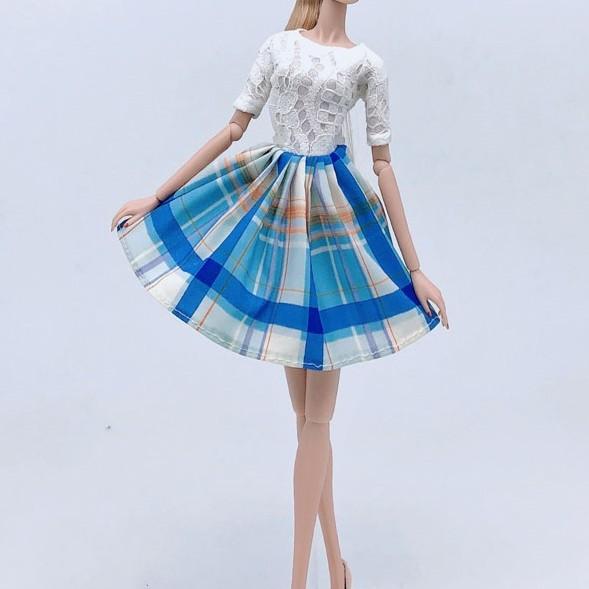 

Белый кружевной топ, синяя клетчатая юбка, модное кукольное платье для куклы Барби, одежда, наряды, вечернее платье, аксессуары для куклы 1/6 белый