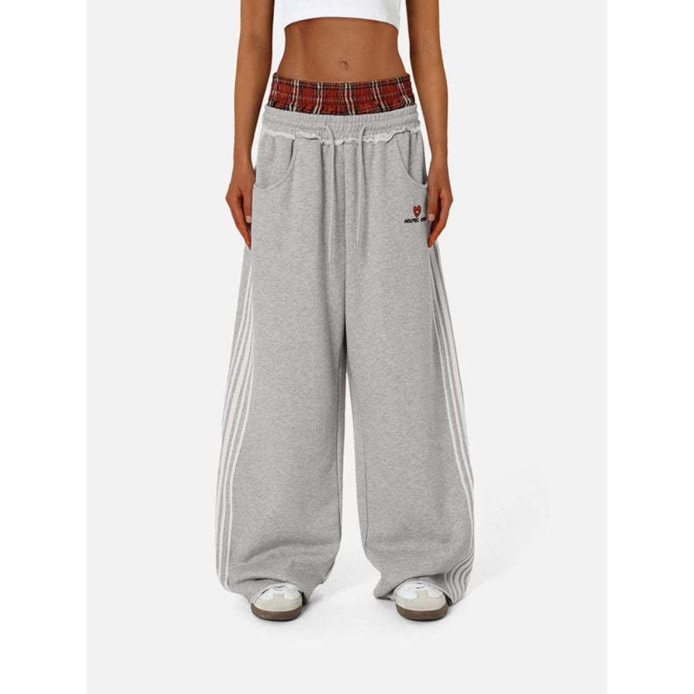 Unisex High Waist Striped Embroidered Wide Leg Sweatpants Loose Fit Vintage Fake Two Piece Casual Trousers