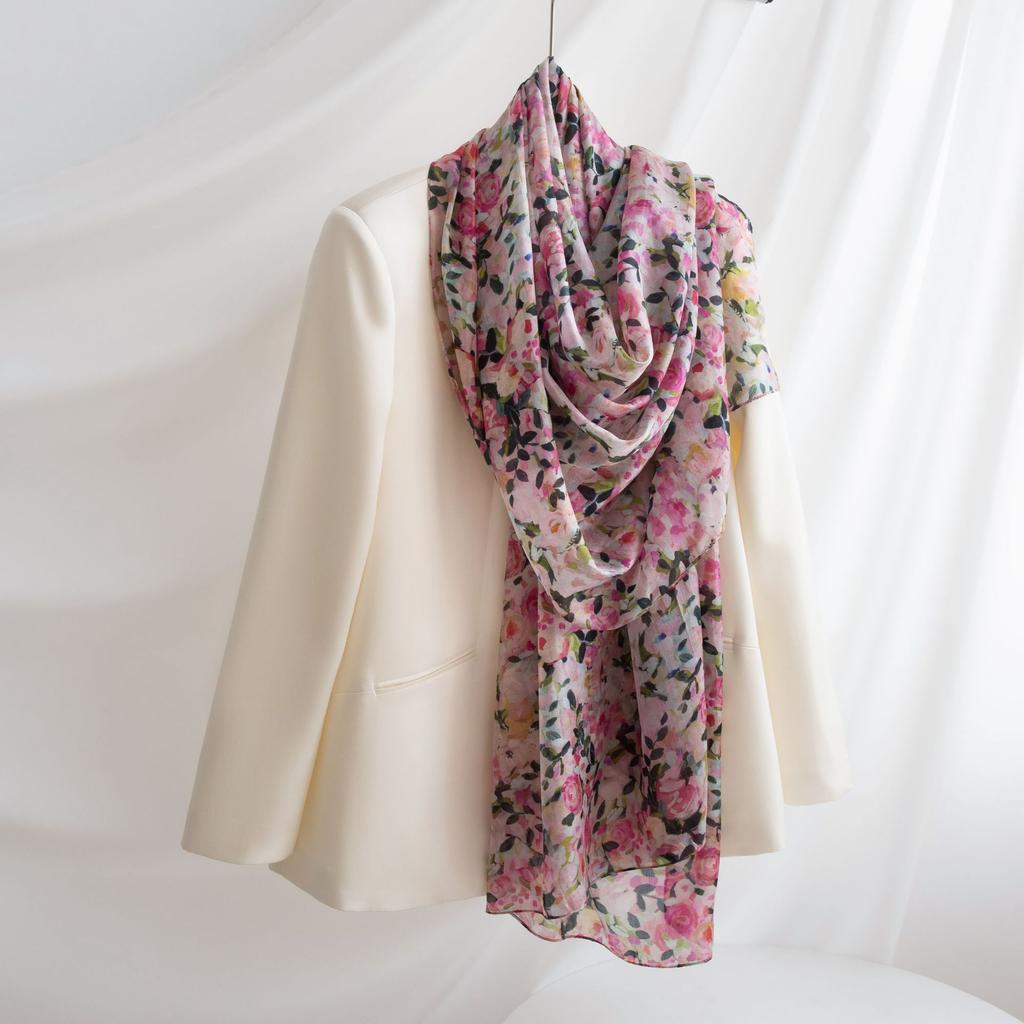 Long Strips of Silk Scarf  High-end Sense Mulberry Silk Scarf  Women's Fresh Small Floral Thin Style  Atmosphere  Big Shawl