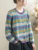 Johnature Women Vintage Knitted Sweaters O-Neck Long Sleeve Striped Spring Soft Patchwork Pockets Sweaters