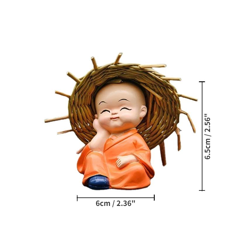 4Pcs Lovely Llittle Monk Shaolin Doll with Straw Hat Buddha Resin Statue Crafts Small Monks Table Ornaments Home Car Decoration