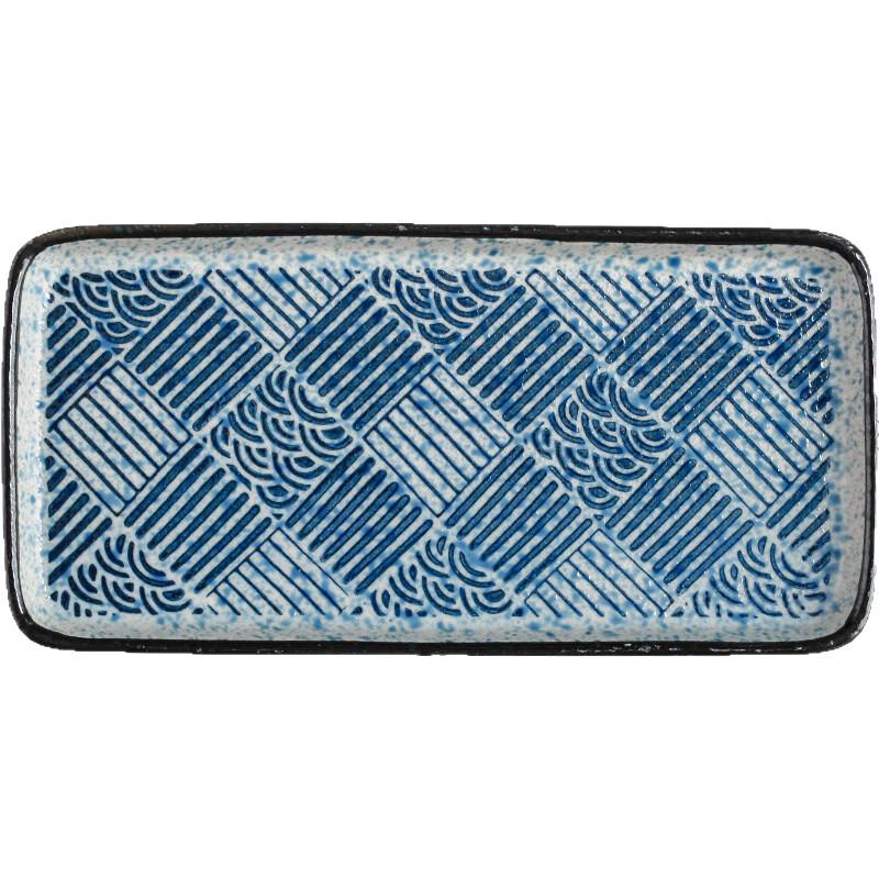 Japanese Style Ceramic Rectangular Sushi Plate, Sea Wave Pattern, Set of 2