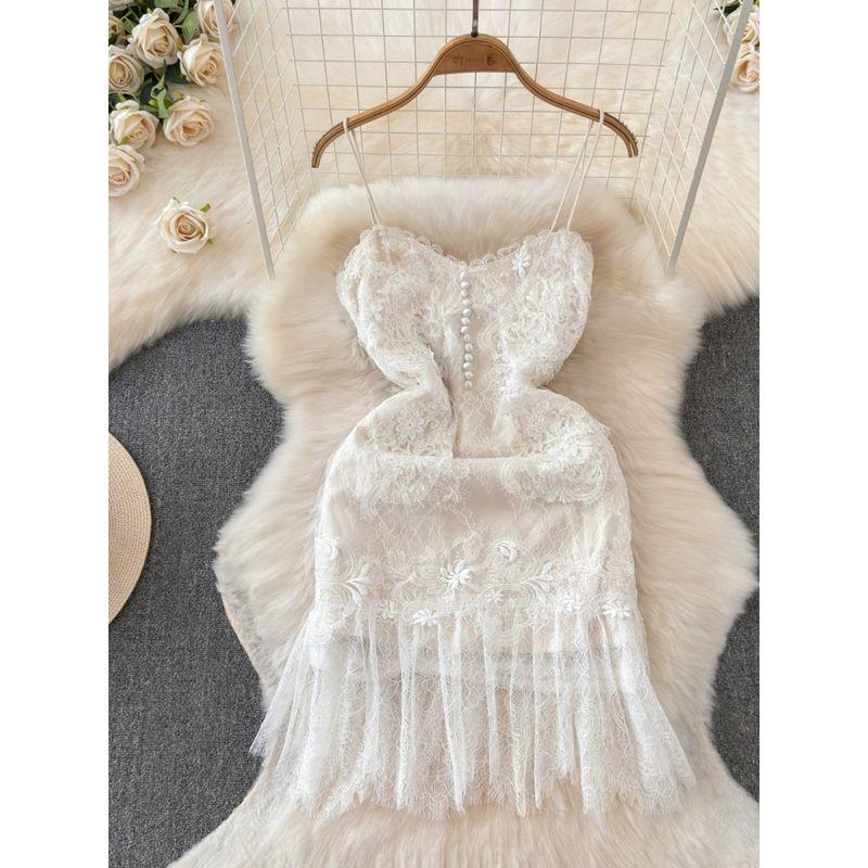 White Lace Feather Slip Dress Summer Fairy Heavy Work V Neck Elegant Birthday Dress Sexy Pure Dress