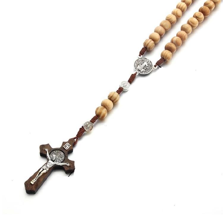 Handmade Wood Rosary Catholic Necklaces Men Cross Prayer Religious Jewelry Gift