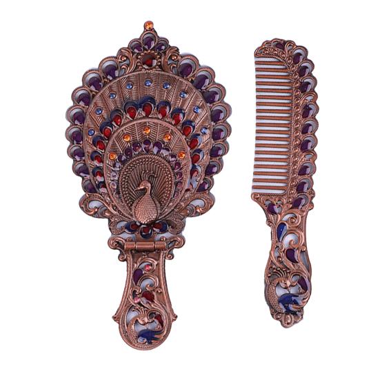 Vintage Folding Hand Mirror with Carved Comb Portable Travel Long Handle Metal Makeup Mirror Women Decorative Handheld Desk Vanity Mirror