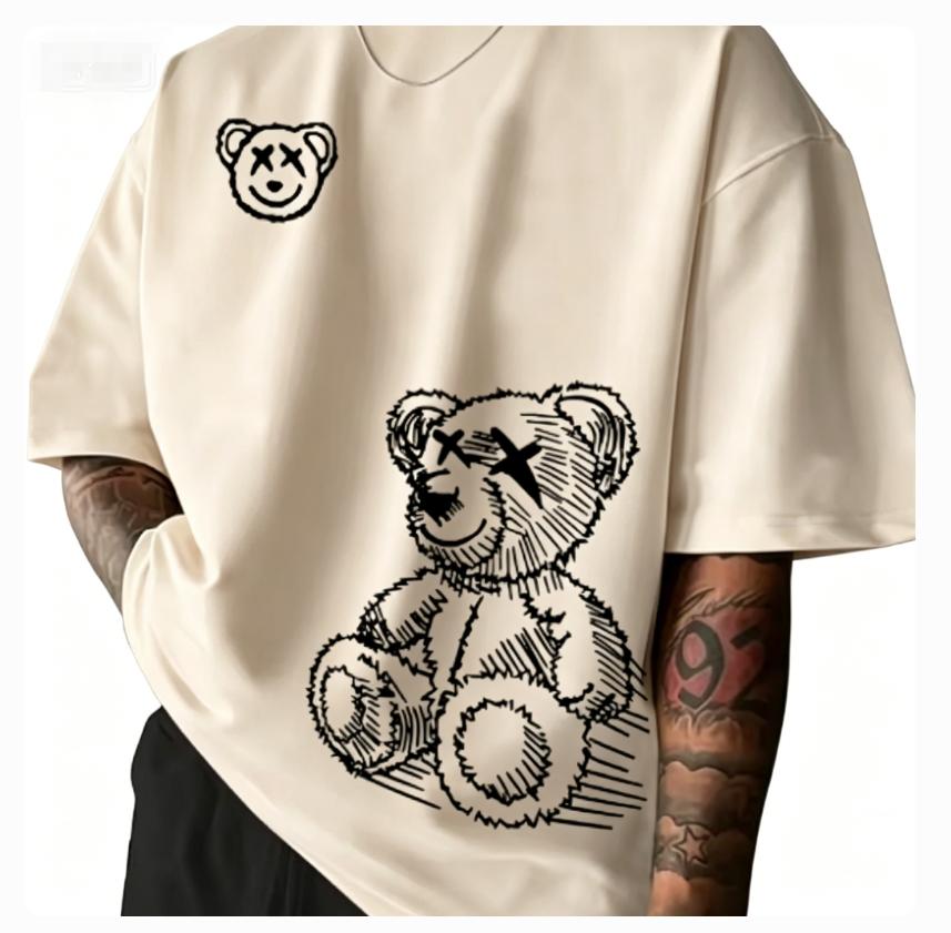 Summer Unisexs Pure Cotton Casual Sports Loose and Fashionable Cartoon Bear Pattern Printed Round Neck Short Sleeved Tshirt Soft