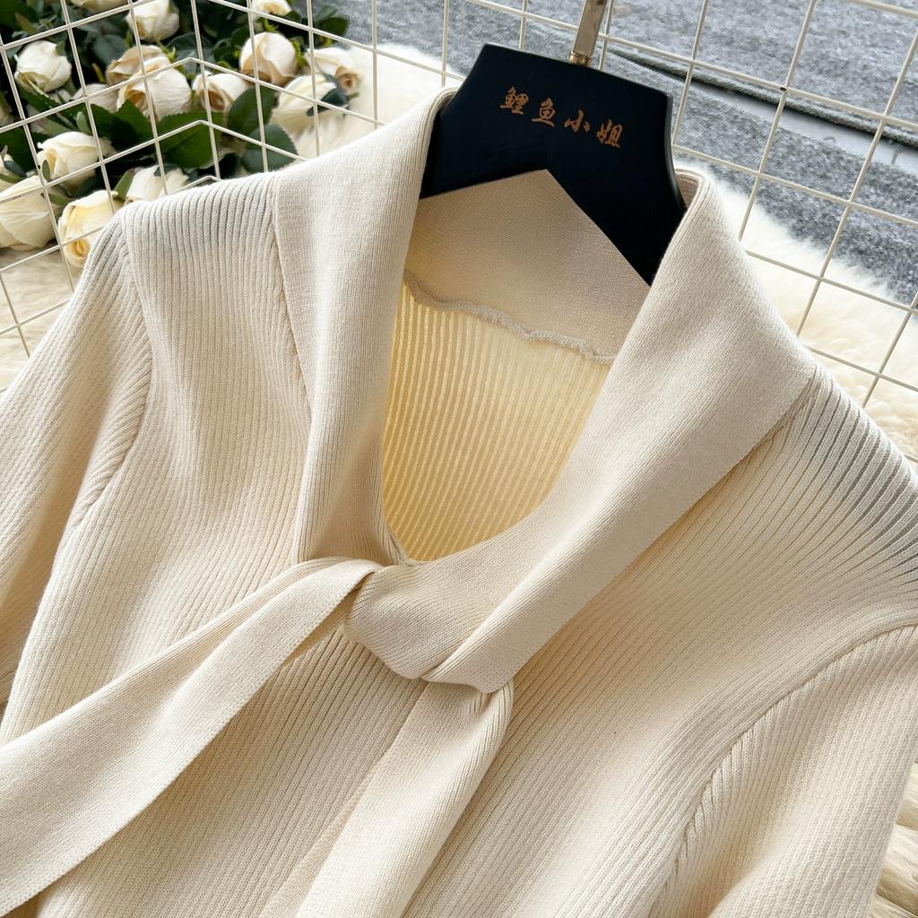 Autumn Winter Women Elegant Bowtie Collar Knitted Office Work Midi Sweater Dress