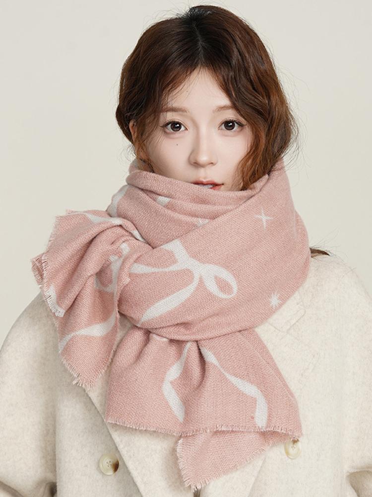 New Imitation Cashmere Knitted Scarf Winter Women Men Casual Sweet Bow Print Warm Scarve Pashmina Mujer Male Foulard Wrap Shawl