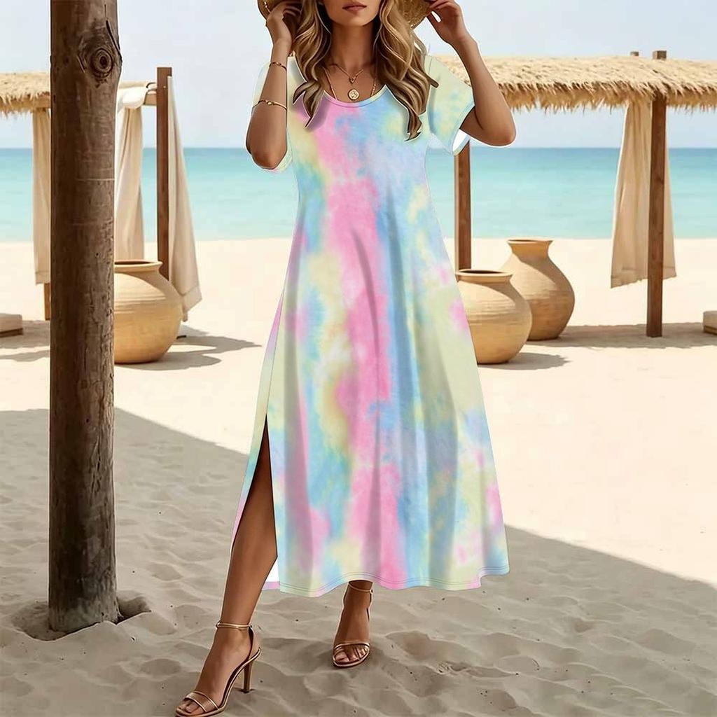 Women Fashion Round Neck Tie-dye Pattern Printed Short Sleeve Side Slit Dress Casual Vacation Dress Long Loose Dress