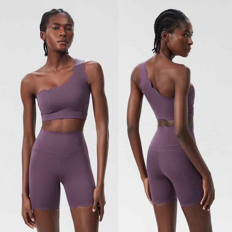 

[Petal Series] Lace Fitness Suit Nude Feel One Shoulder Sports Bra Quick-Drying Shorts Workout Clothes Two-piece Set Fu Yue Purple Shoulder Bra L