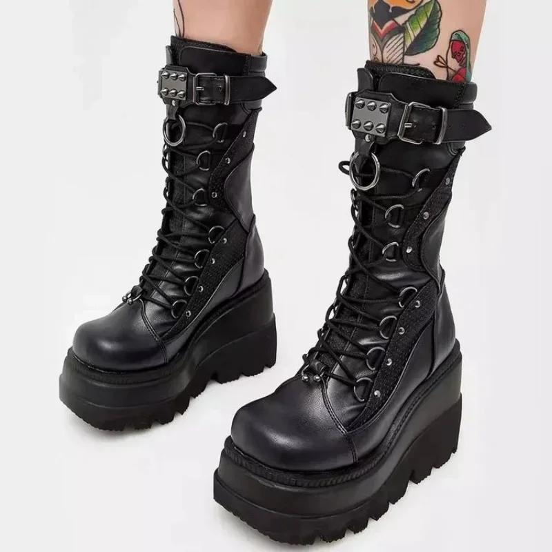 Fashion 2024 New Thick Soled Motorcycle Boots Dark Gothic Spice Girls Middle Women's Boots Matte Black Platform Comfortable Knight Boot
