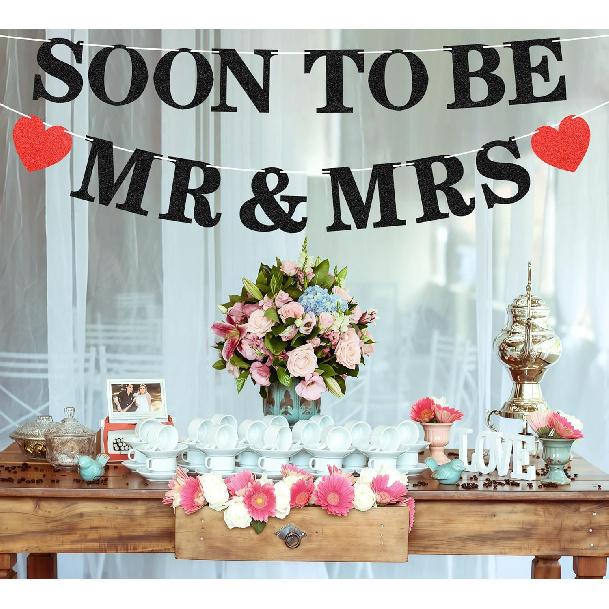 Pre-strung Soon to Be Mr & Mrs Banner - Black Glitter Bridal Shower Decorations for Wedding, Engagement or Bachelorette Party Photo Booth Props