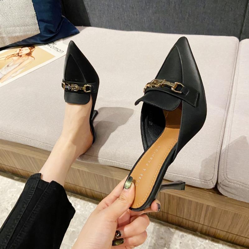 Pointed Toe Slippers Women Outdoor Summer Sequin Shallow Mouth Stiletto High Heels Slides Elegant Mules Shoes Women Slippers
