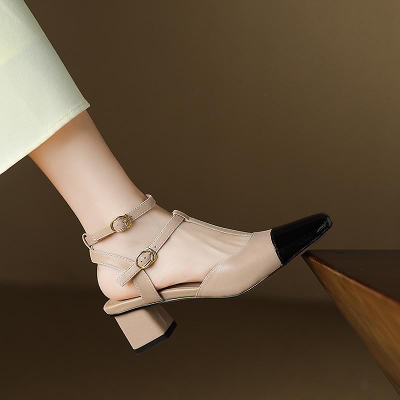 Fashion Size 34-40 Women Sandals Genuine Leather T-Strap Square Toe High Heel Summer Shoes 2025 Ins Vintage Office Daily Heels Women