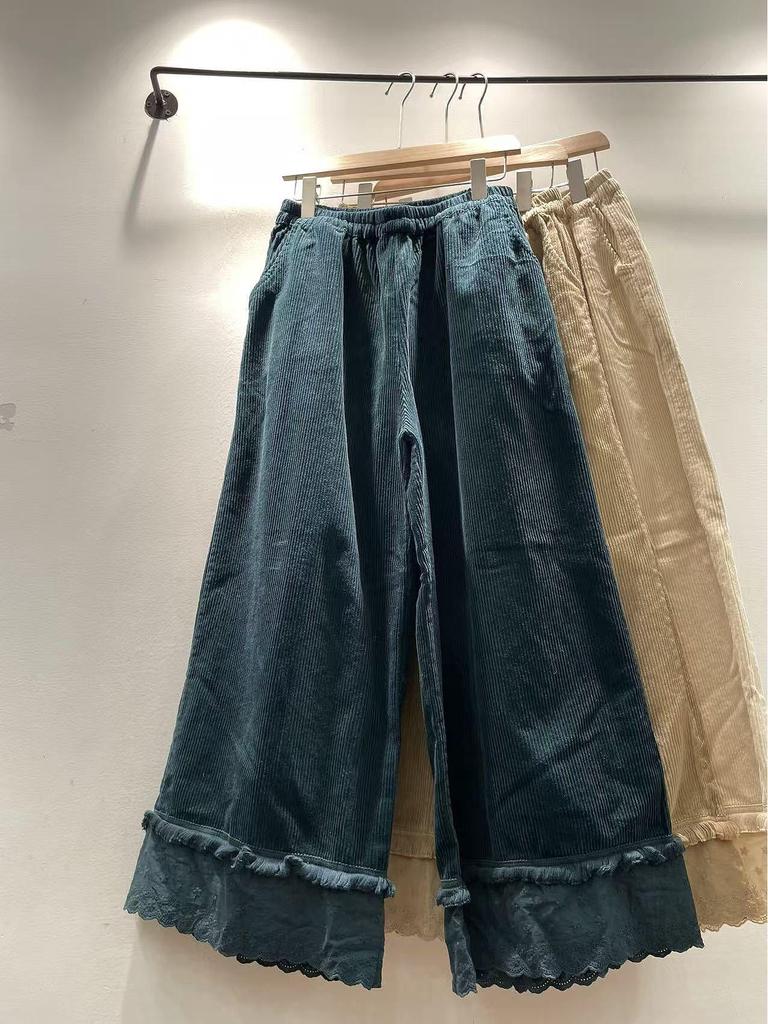 Autumn/Winter Mori Girl Style Women's Corduroy Wide-Leg Pants with Elastic Waistband and Lace Hem