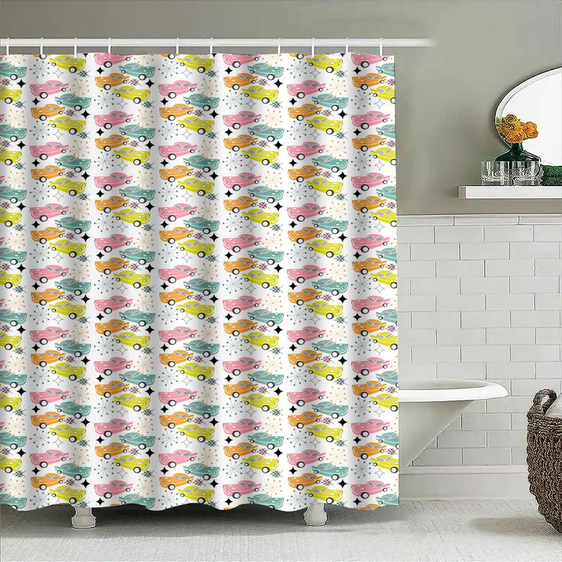Bright Car Pattern Shower Curtain Waterproof Bathroom Decor Modern Printing Washable Fabric 180X245Cm Pink Green Yellow Orange B