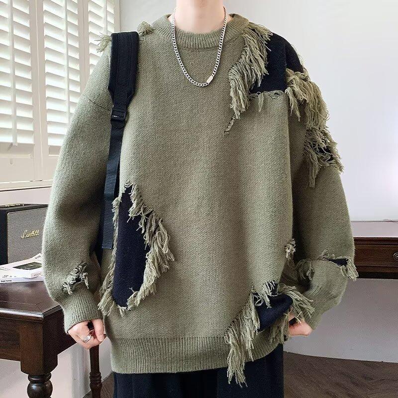 Unisex Trendy Ripped Knit Cardigan: Loose, Round Neck Sweater for Autumn/Winter