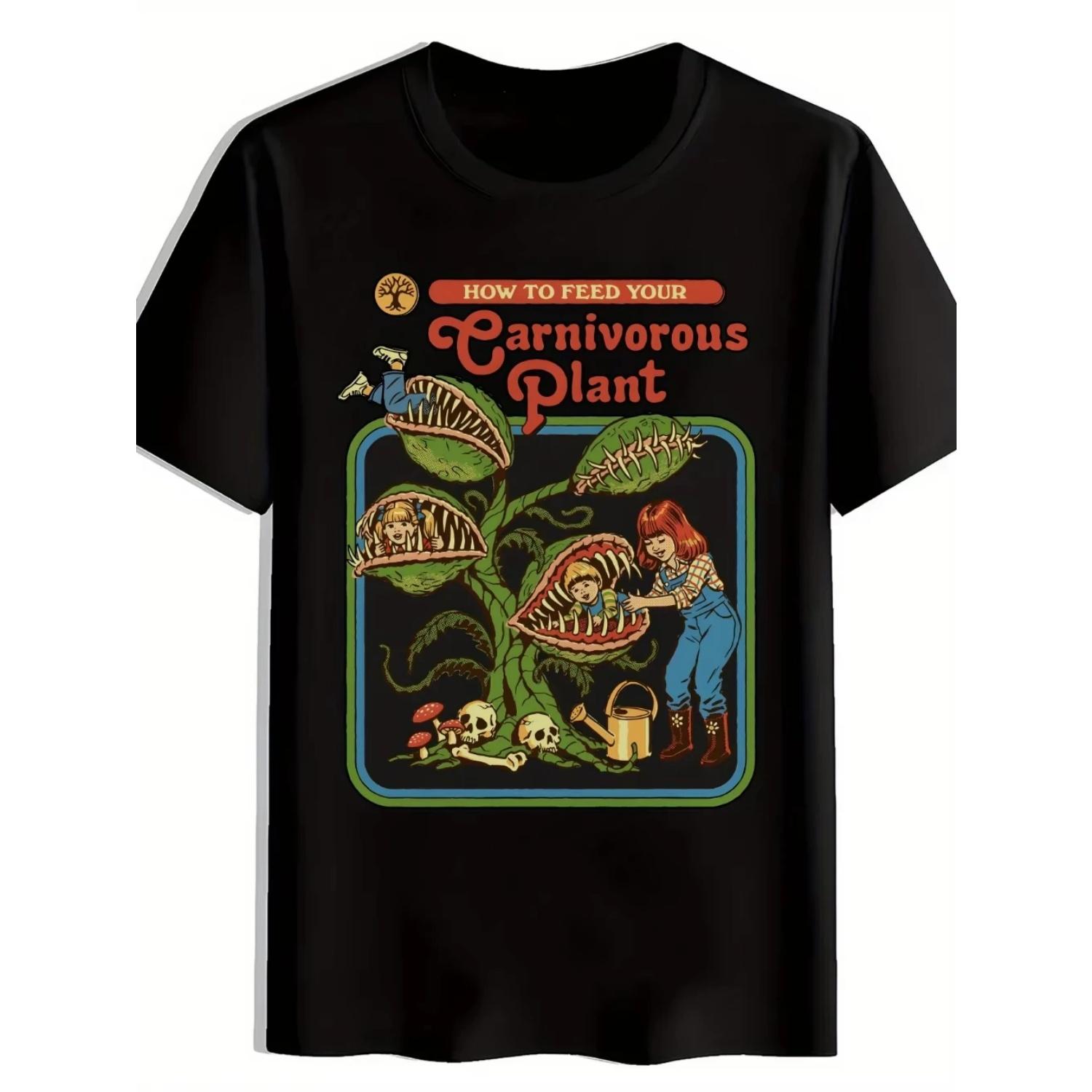 

Men S Casual Graphic T-Shirt with How To Feed Your Carnivorous Plant Design Black Crew Neck Summer Essential for Beach Travel S разноцветный