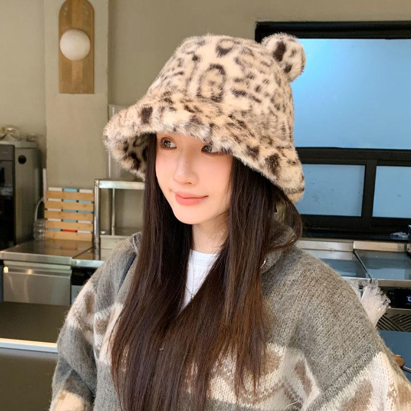 Autumn And Winter Leopard Print Plush Bucket Hat Cute Ears Warm Basin Hat Fashionable Wear Commuter Essential Hat