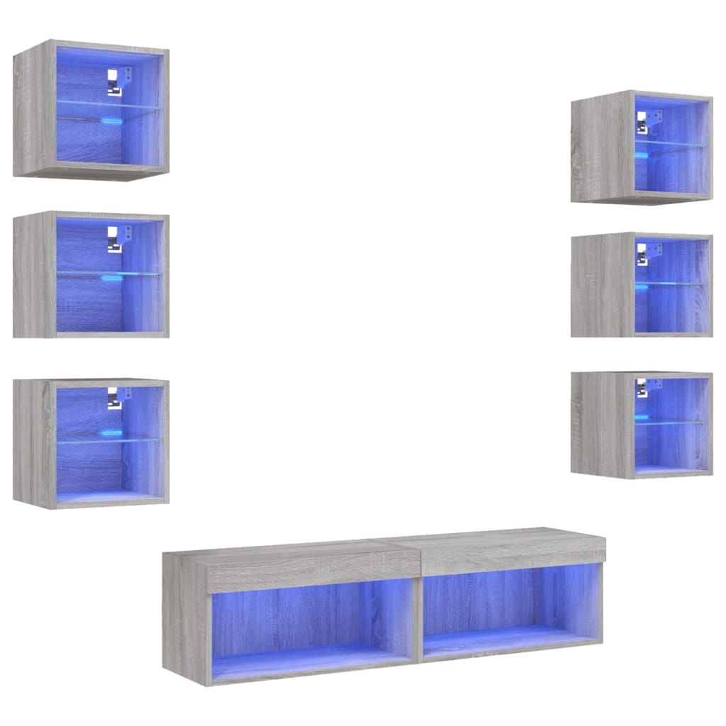 8 Piece Living Room Wall Unit with LED Lighting Grey Sonoma Wood Based Material
