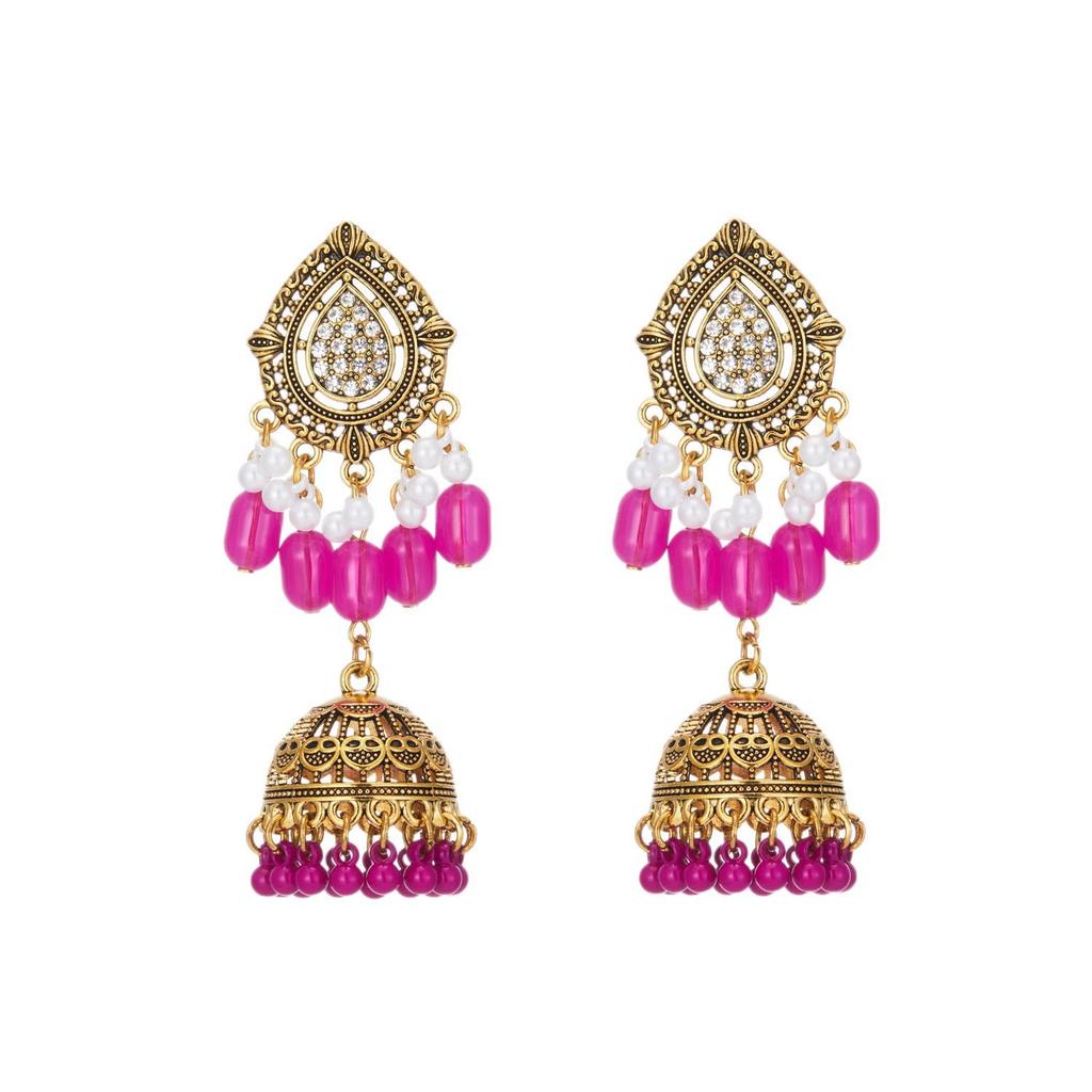 Large Retro Ethnic Tassel Earrings with Colorful Beads - Indian Style Water Drop Studs