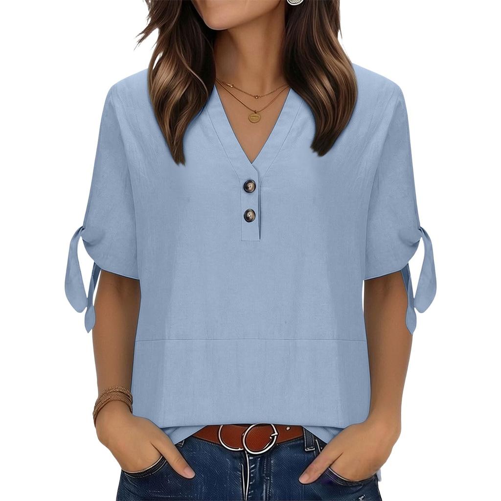 Womens V Neck Short Sleeve Blouse with Button and Tie Sleeve Casual Loose Fit Top for Daily Wear Office School
