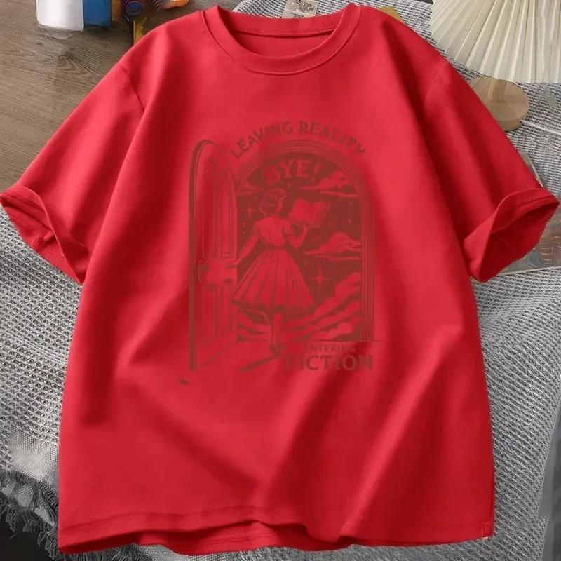 

Leaving Reality Entering Fiction T Shirt Women Vintage Funny Bookish Book Lover Tshirt Women Reading T-shirt Streetwear Y2k Top 4XL
