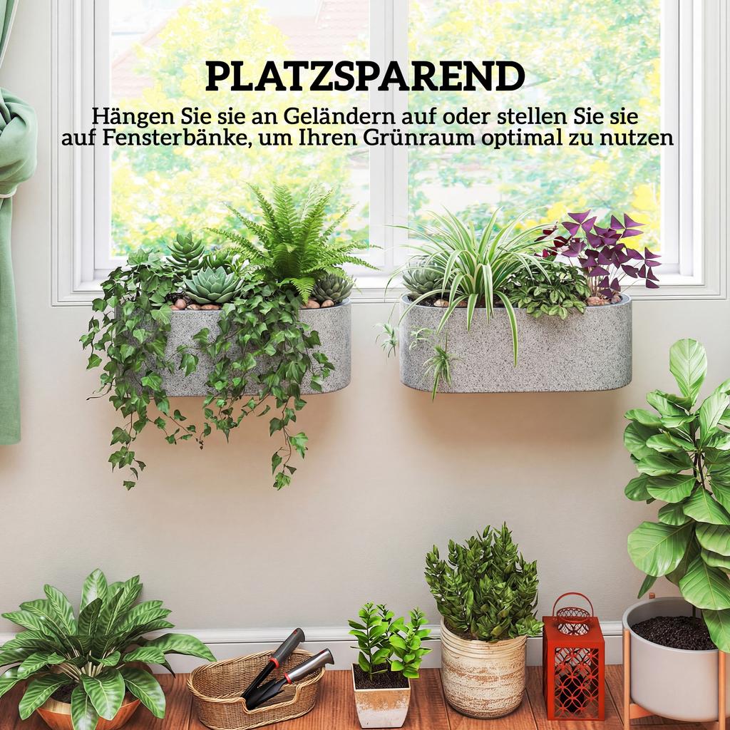 Set of 2 Hanging Flower Pots, Planters with Drainage System, Hole, Hooks, 42 x 16 x 15 cm, Light Gray